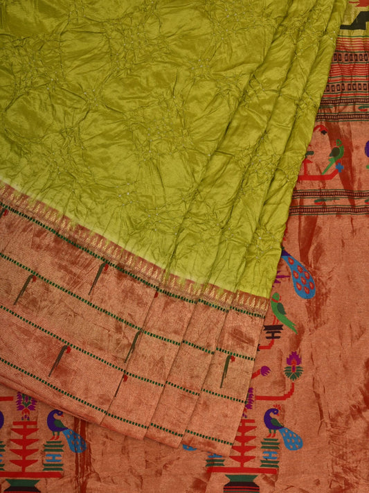 Mustard Bandhani Paithani Silk Handloom Saree with Triple Muniya Border Design bn0399