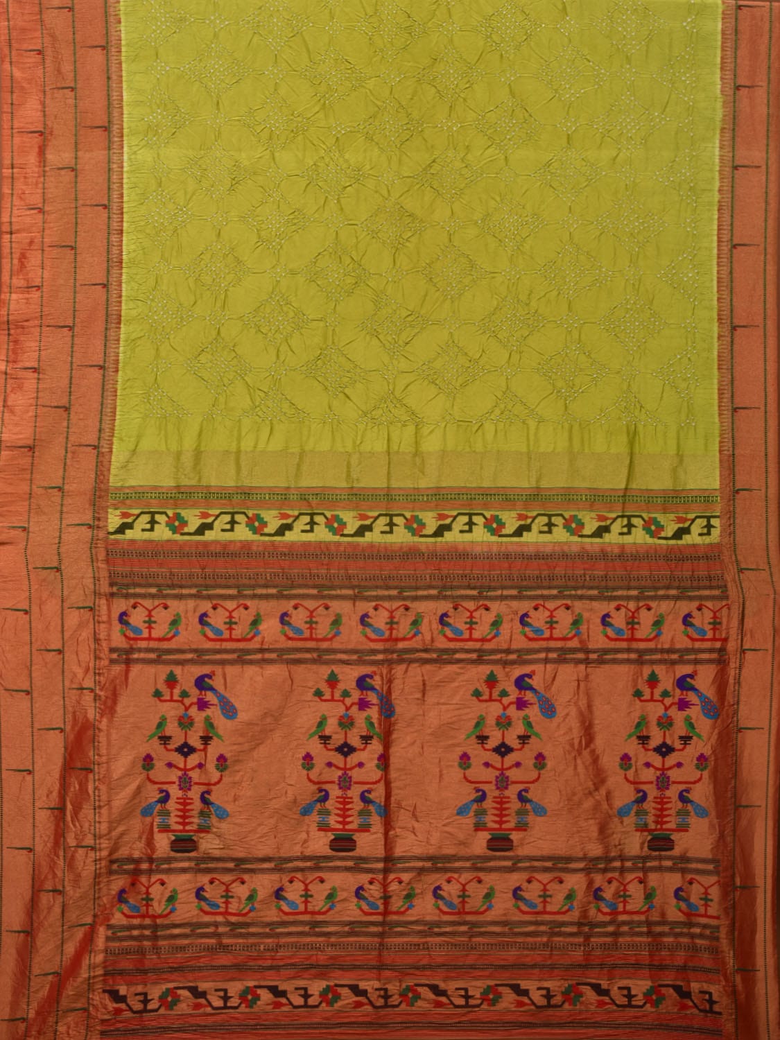Mustard Bandhani Paithani Silk Handloom Saree with Triple Muniya Border Design bn0399