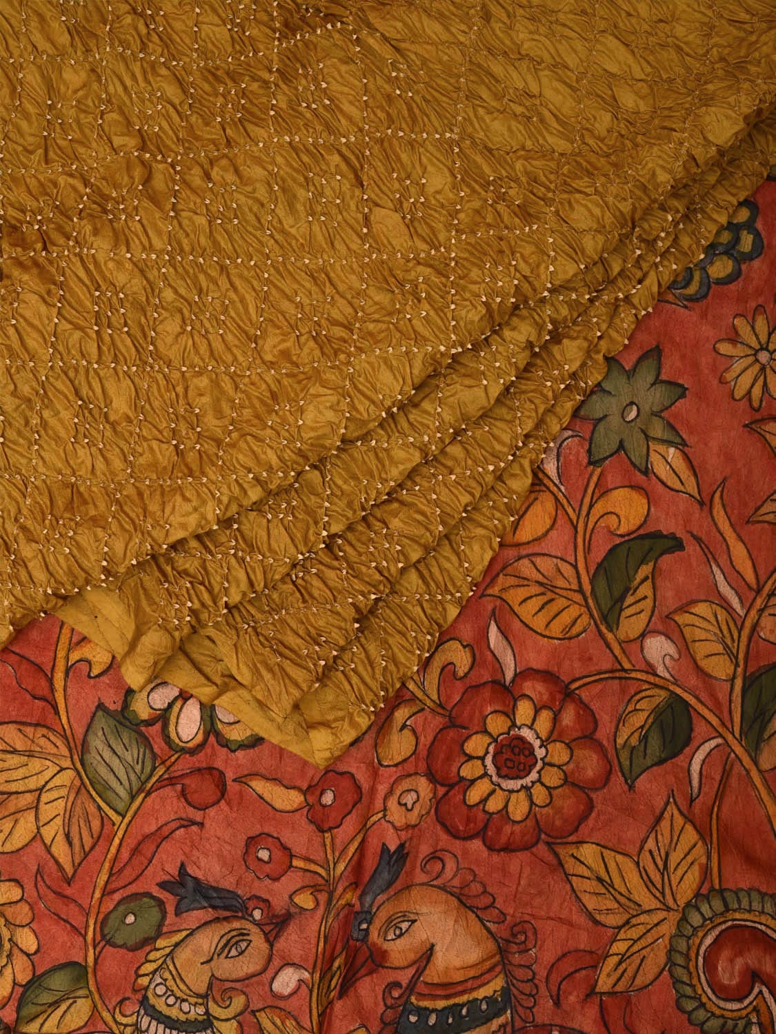 Mustard Bandhani Silk Handloom Saree with Kalamkari Hand Painted Pallu and Blouse Design bn0474