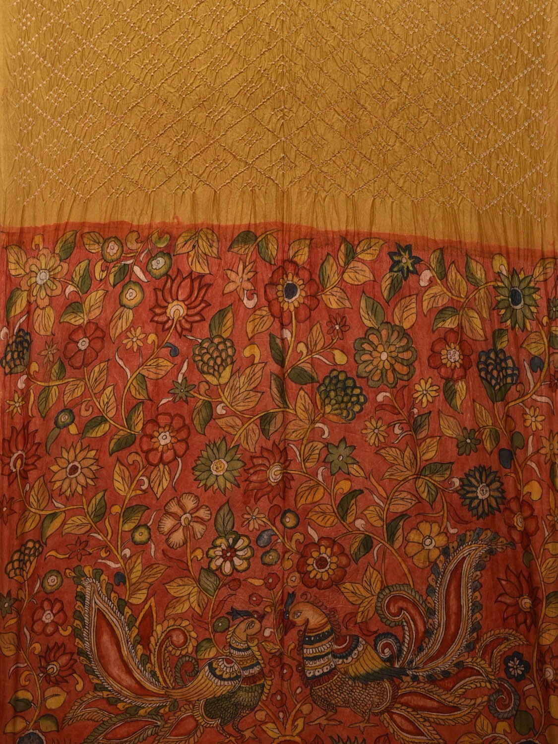 Mustard Bandhani Silk Handloom Saree with Kalamkari Hand Painted Pallu and Blouse Design bn0474