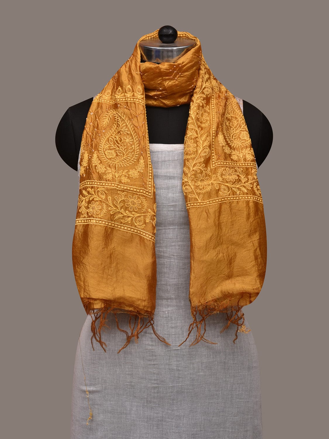 Mustard Bandhani Silk Handloom Stole with Mango Embroidary Design ds2966
