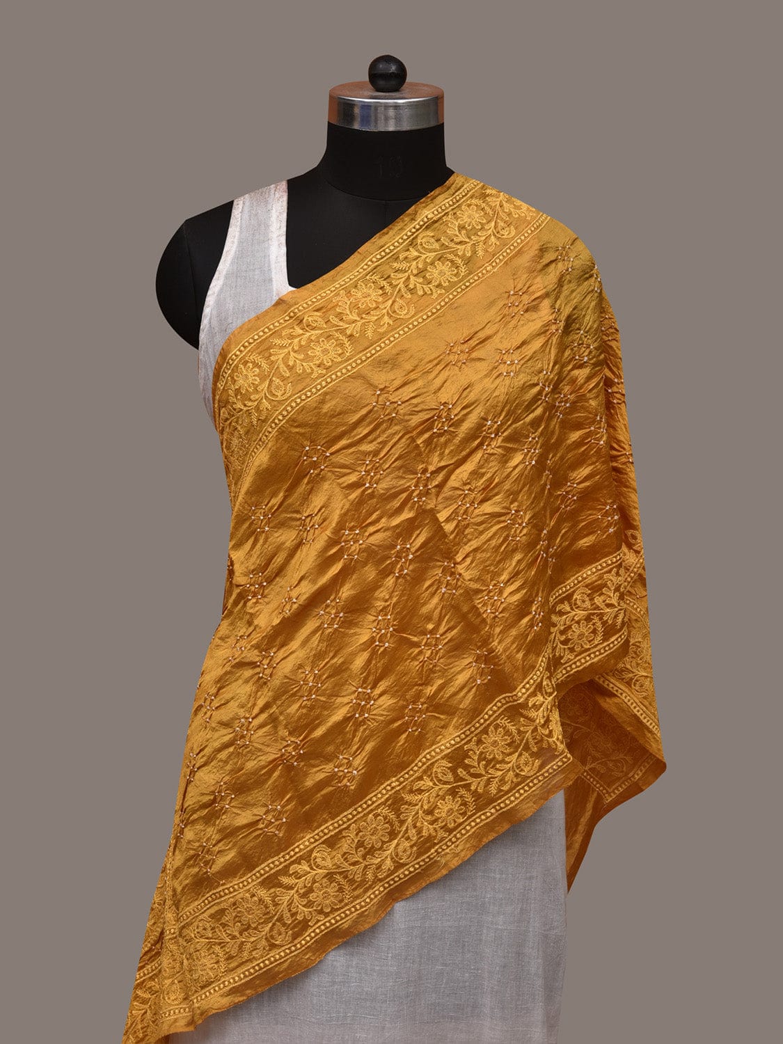 Mustard Bandhani Silk Handloom Stole with Mango Embroidary Design ds2966