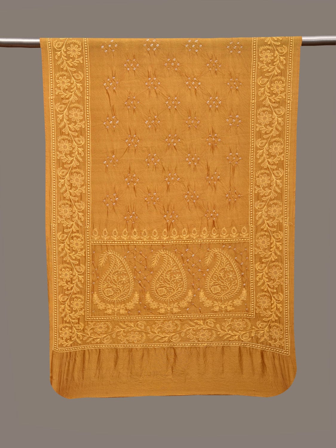 Mustard Bandhani Silk Handloom Stole with Mango Embroidary Design ds2966
