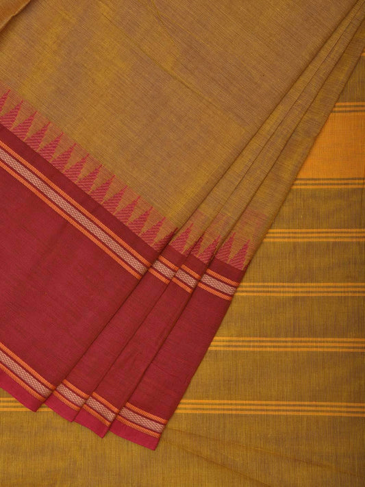Mustard Gadwal Cotton Plain Saree with Strips Pallu and Ganga-Jamuna Border Design g0440