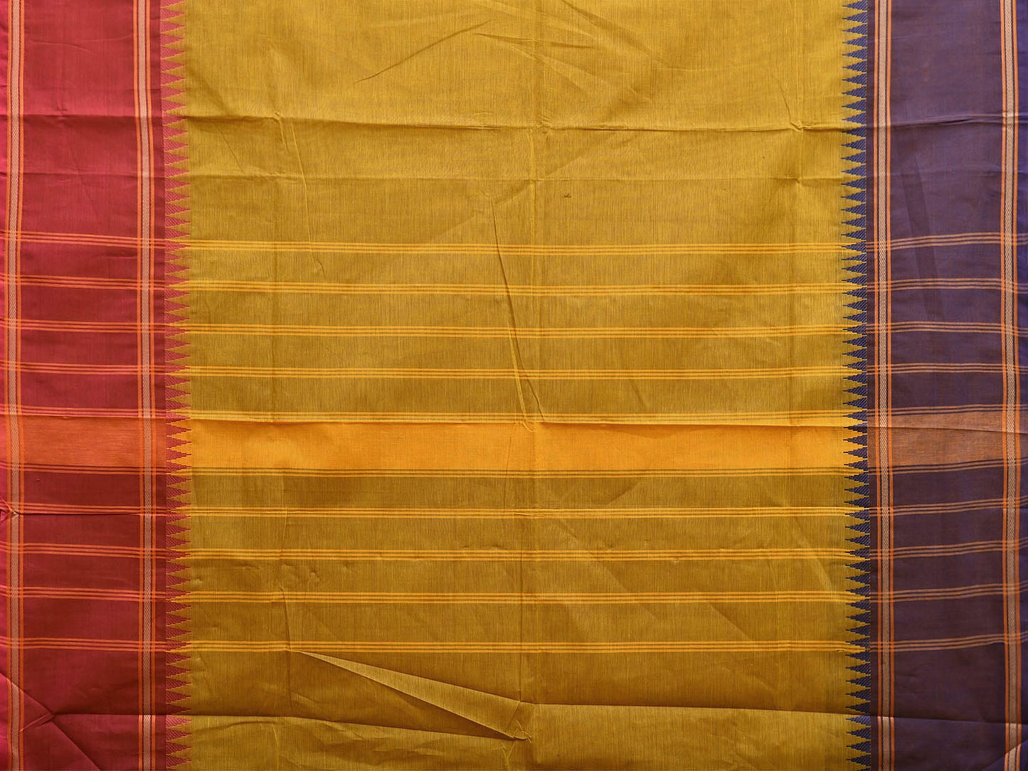 Mustard Gadwal Cotton Plain Saree with Strips Pallu and Ganga-Jamuna Border Design g0440