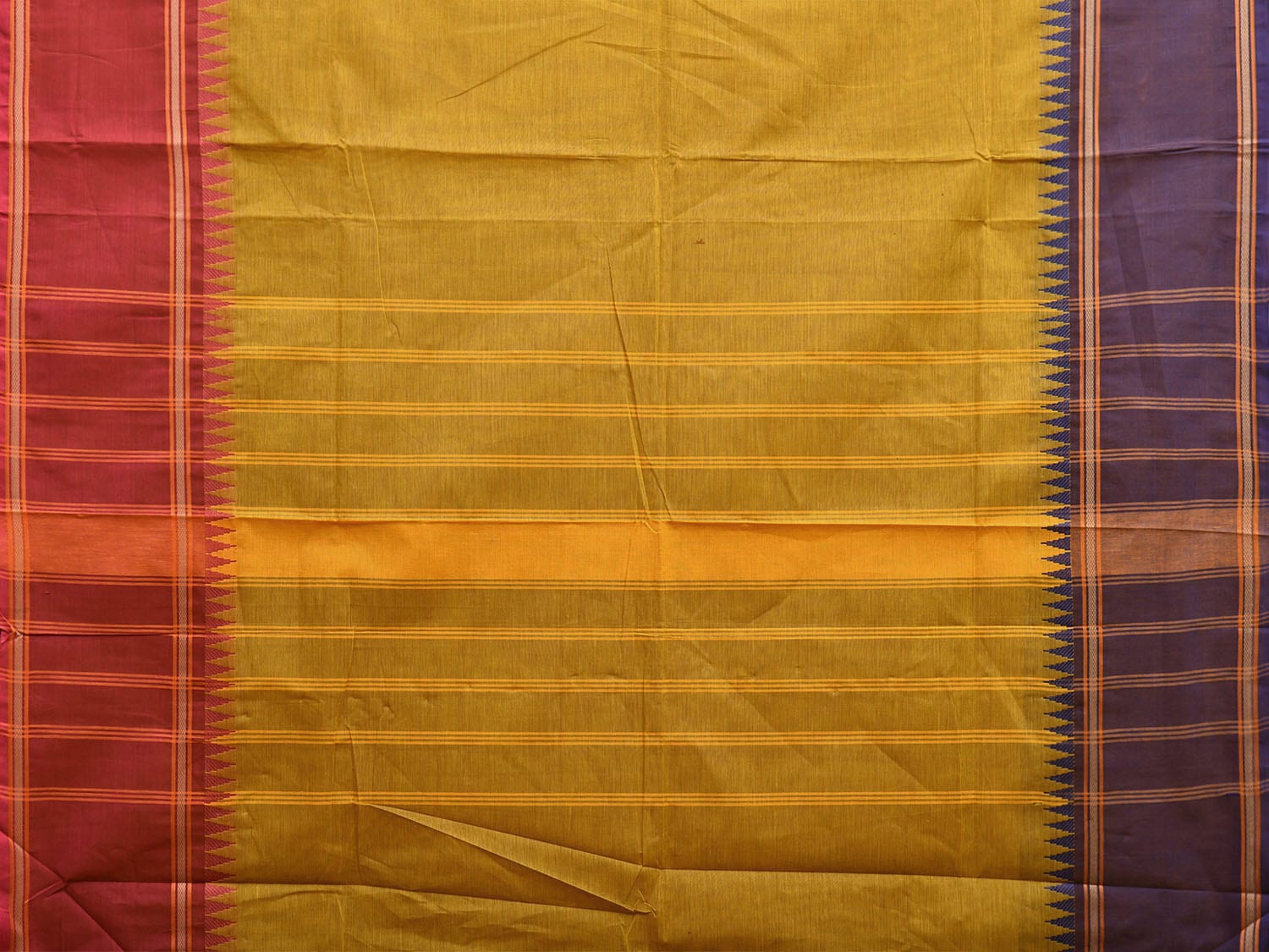 Mustard Gadwal Cotton Plain Saree with Strips Pallu and Ganga-Jamuna Border Design g0440
