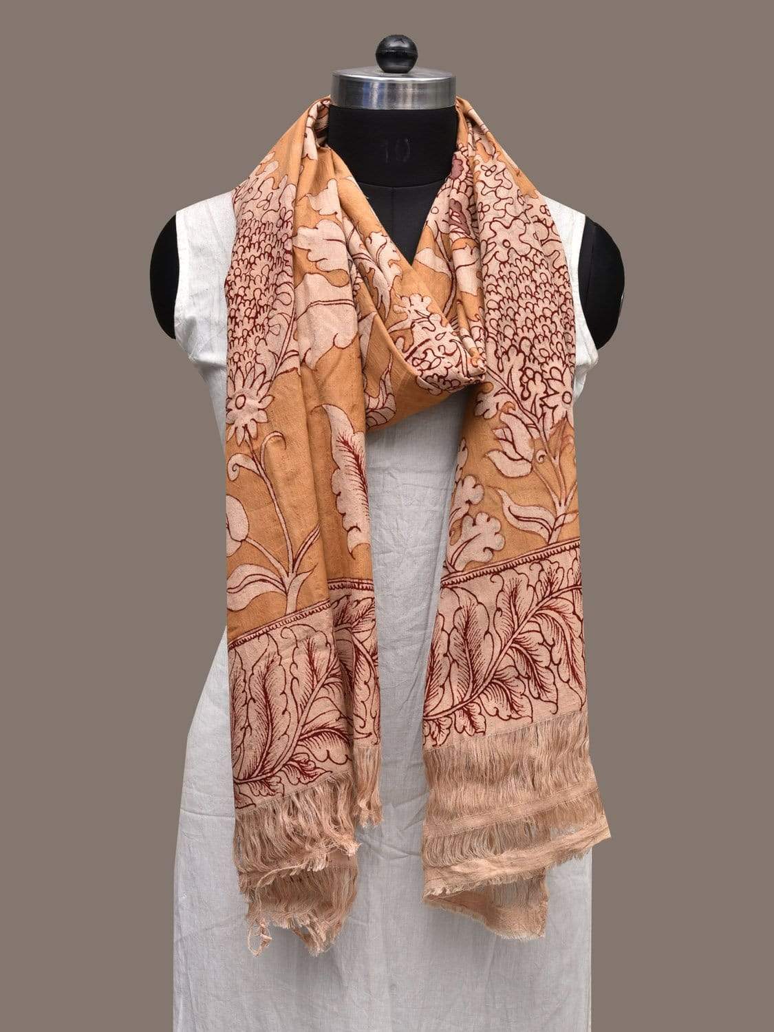 Mustard Kalamkari Hand Painted Cotton Handloom Dupatta with Exotic Flowers Design ds2288