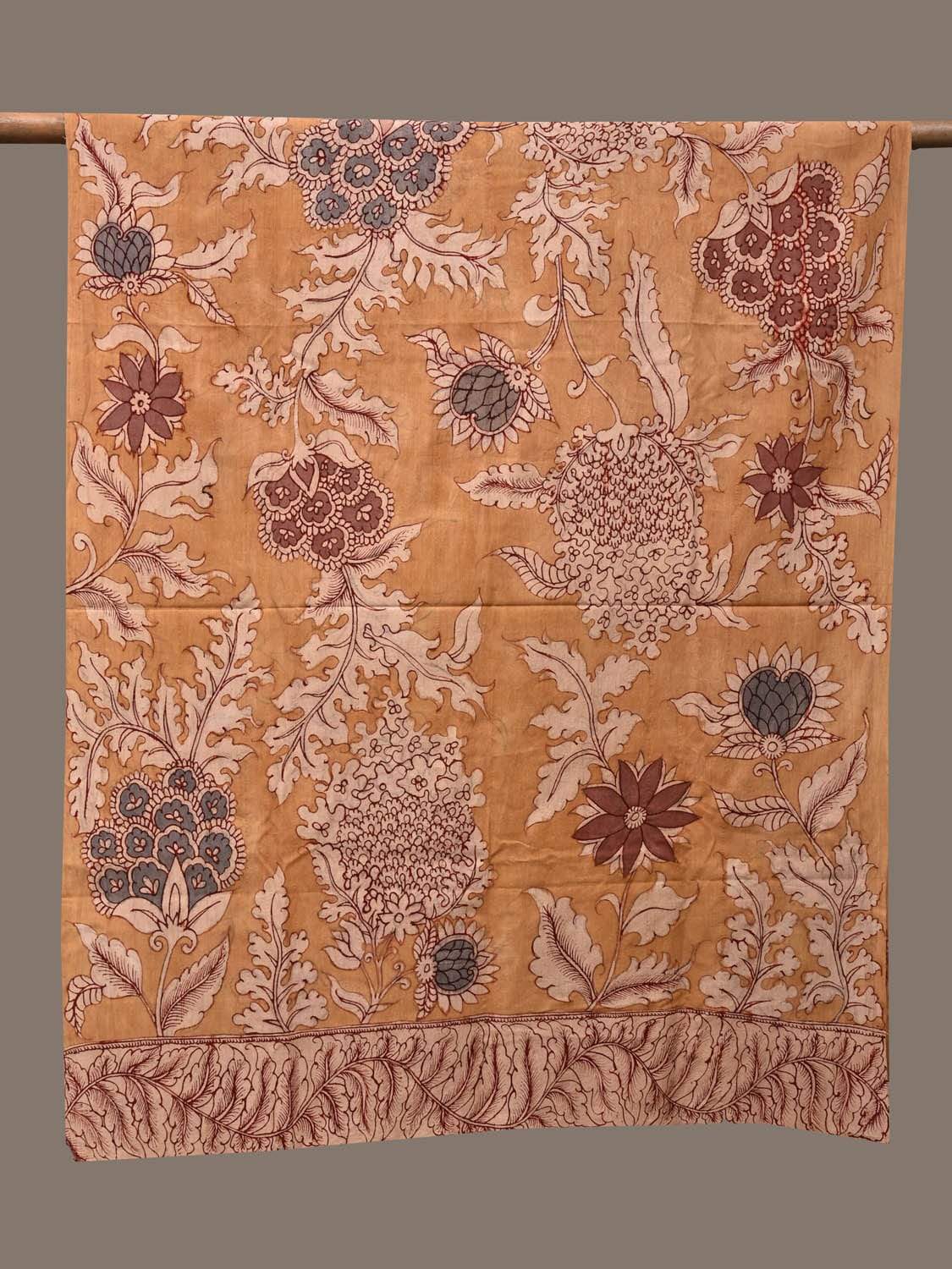 Mustard Kalamkari Hand Painted Cotton Handloom Dupatta with Exotic Flowers Design ds2288