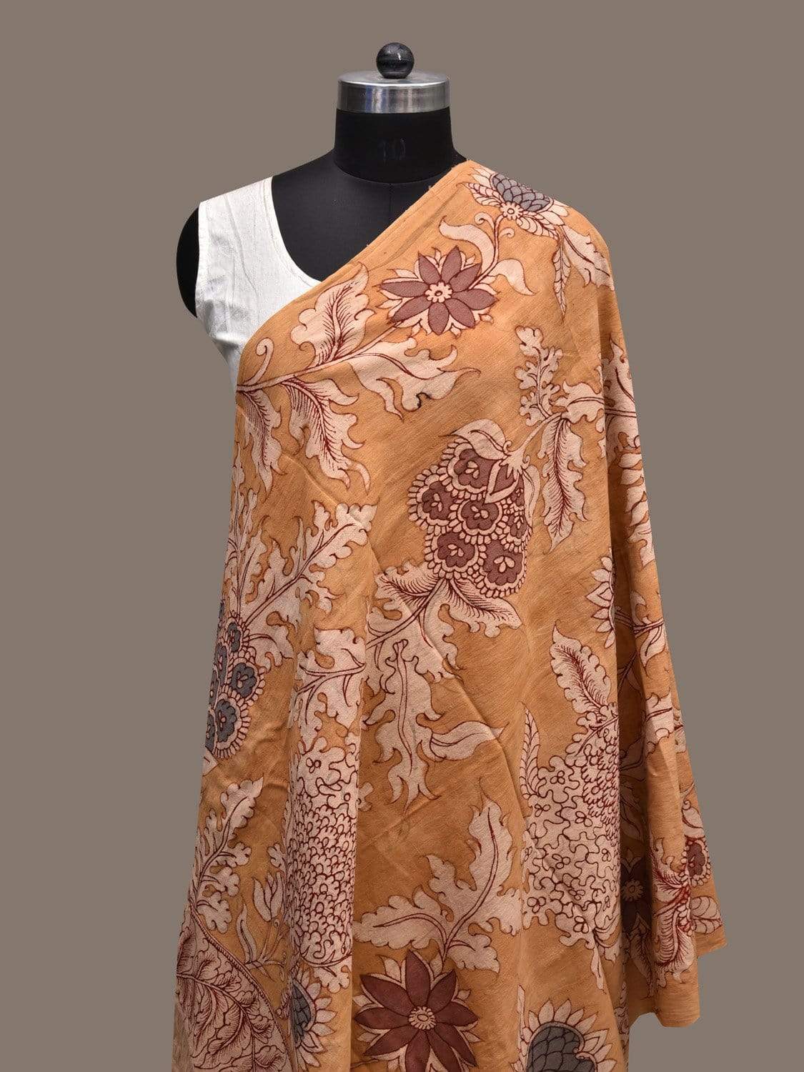 Mustard Kalamkari Hand Painted Cotton Handloom Dupatta with Exotic Flowers Design ds2288