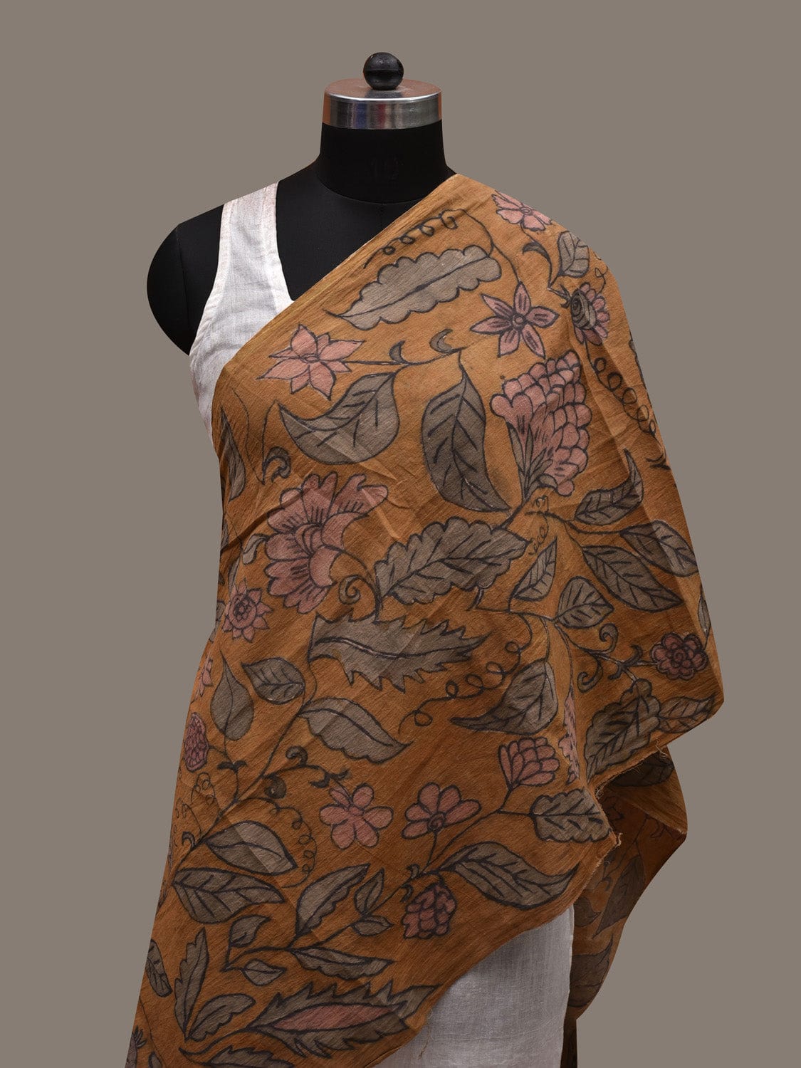 Mustard Kalamkari Hand Painted Cotton Handloom Stole with Big Flower and Birds Design ds2740
