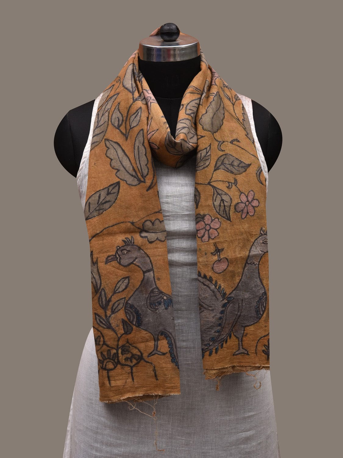 Mustard Kalamkari Hand Painted Cotton Handloom Stole with Big Flower and Birds Design ds2740