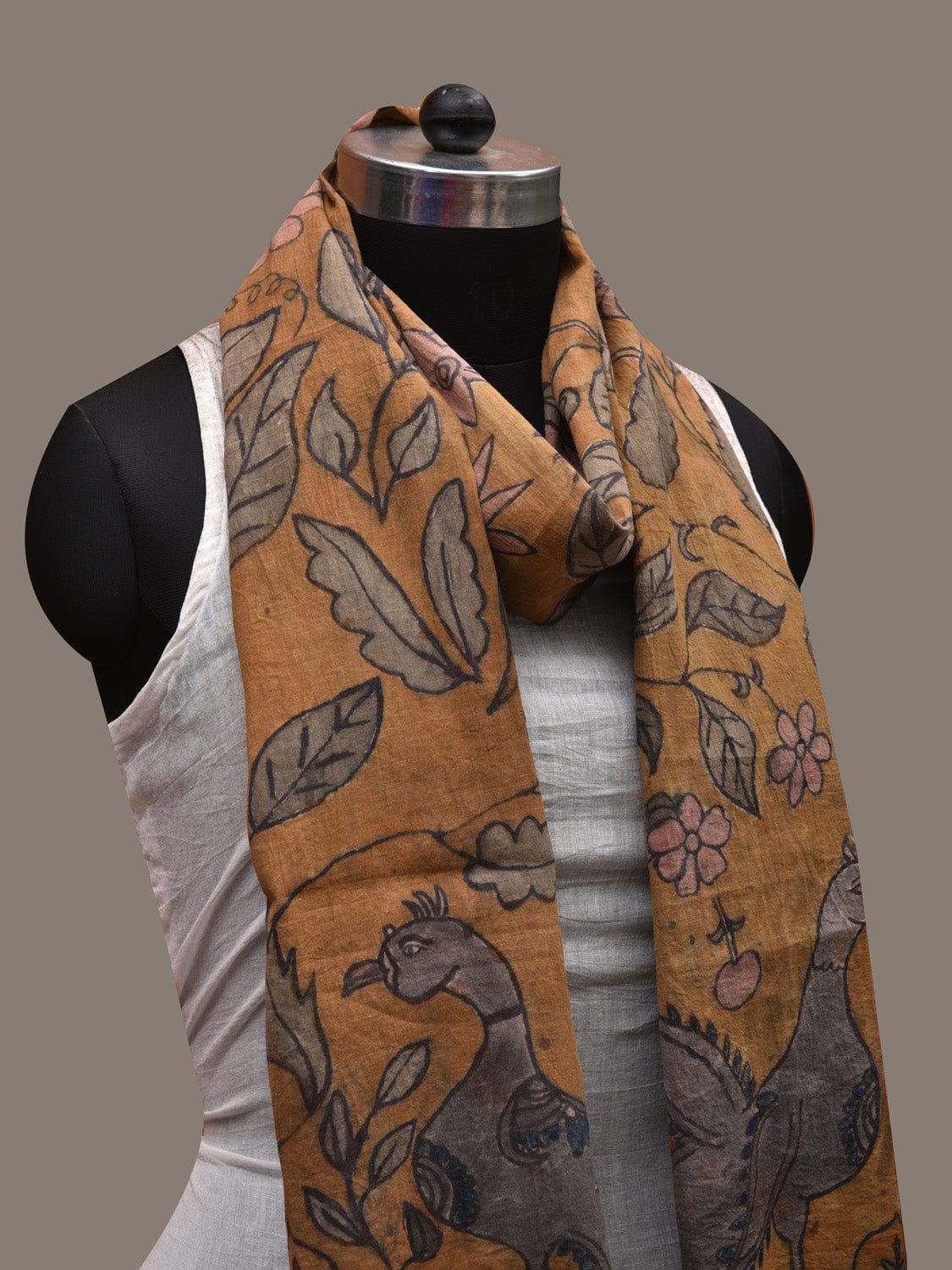 Mustard Kalamkari Hand Painted Cotton Handloom Stole with Big Flower and Birds Design ds2740