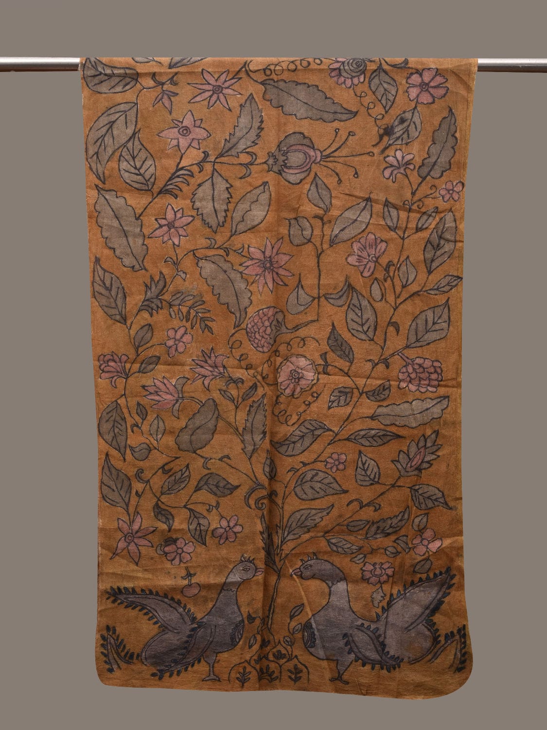 Mustard Kalamkari Hand Painted Cotton Handloom Stole with Big Flower and Birds Design ds2740