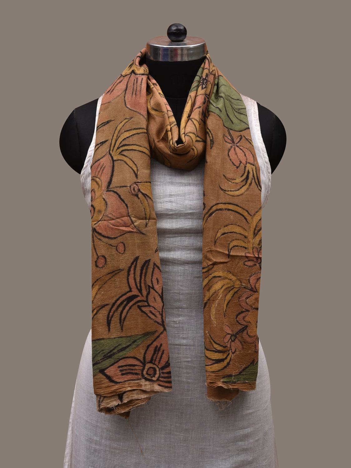 Mustard Kalamkari Hand Painted Cotton Handloom Stole with Big Flower Design ds2738