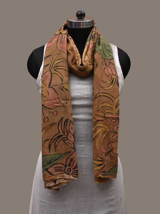 Mustard Kalamkari Hand Painted Cotton Handloom Stole with Big Flower Design ds2738