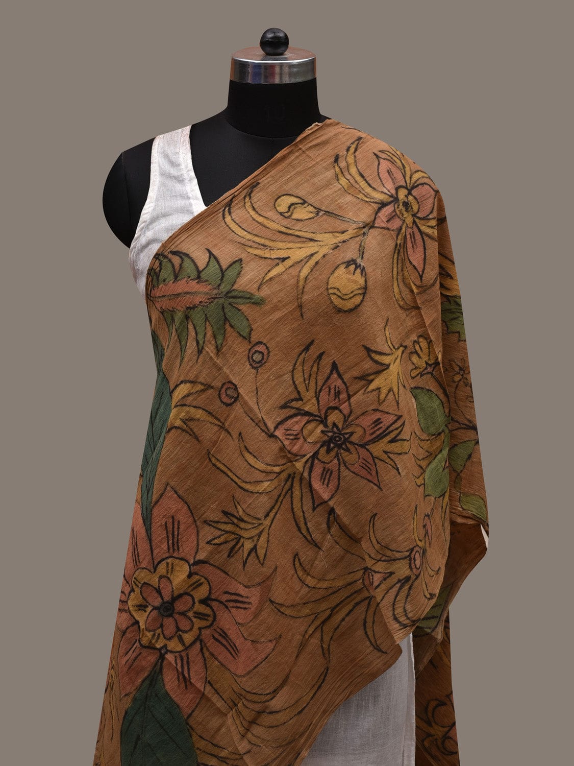 Mustard Kalamkari Hand Painted Cotton Handloom Stole with Big Flower Design ds2738