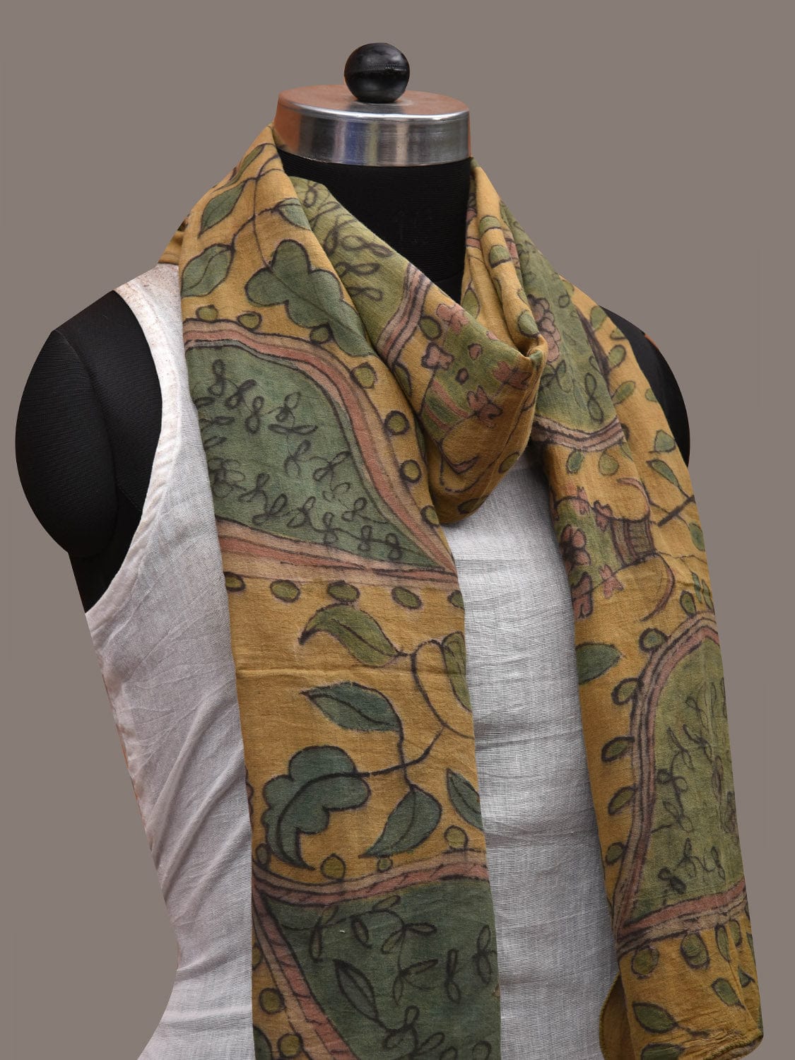 Mustard Kalamkari Hand Painted Cotton Handloom Stole with Floral Design ds2814