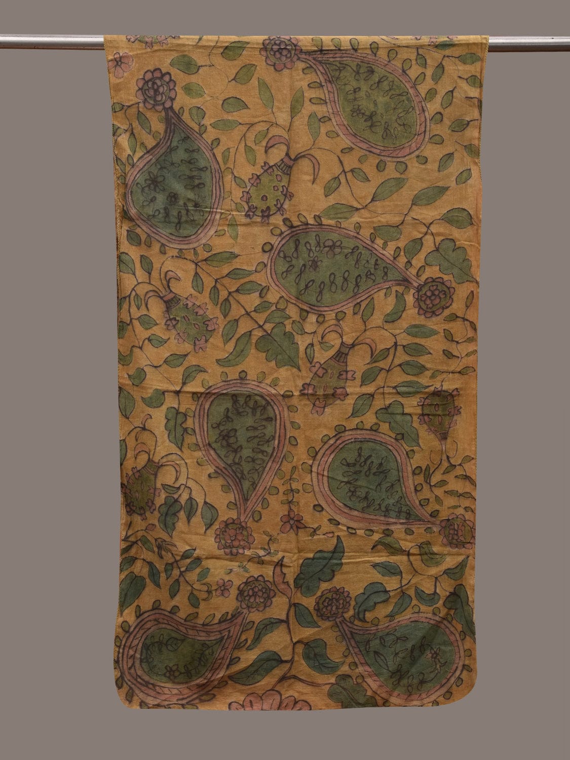 Mustard Kalamkari Hand Painted Cotton Handloom Stole with Floral Design ds2814