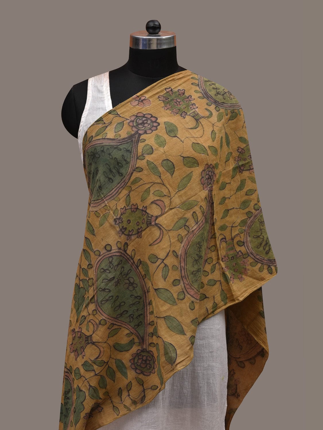 Mustard Kalamkari Hand Painted Cotton Handloom Stole with Floral Design ds2814