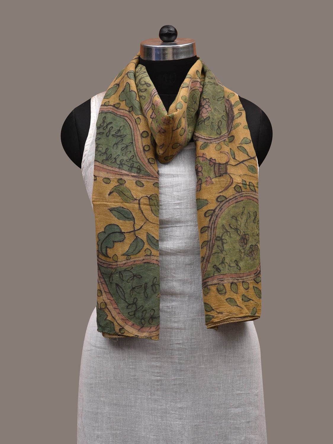 Mustard Kalamkari Hand Painted Cotton Handloom Stole with Floral Design ds2814