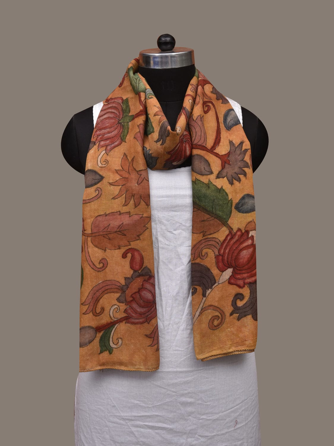 Mustard Kalamkari Hand Painted Cotton Handloom Stole with Lotus Flowers Design ds3051