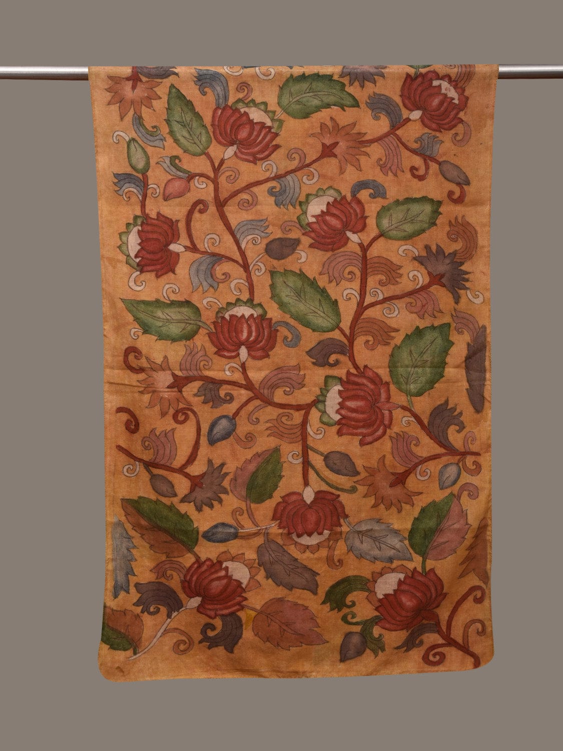 Mustard Kalamkari Hand Painted Cotton Handloom Stole with Lotus Flowers Design ds3051