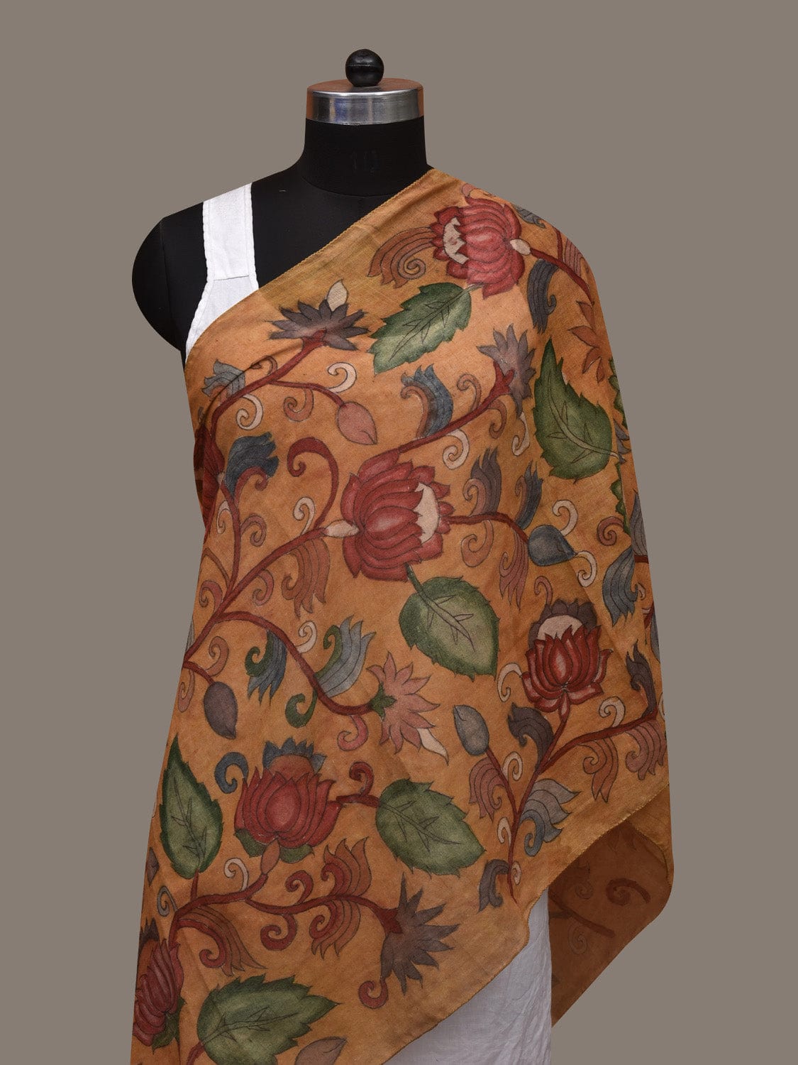 Mustard Kalamkari Hand Painted Cotton Handloom Stole with Lotus Flowers Design ds3051