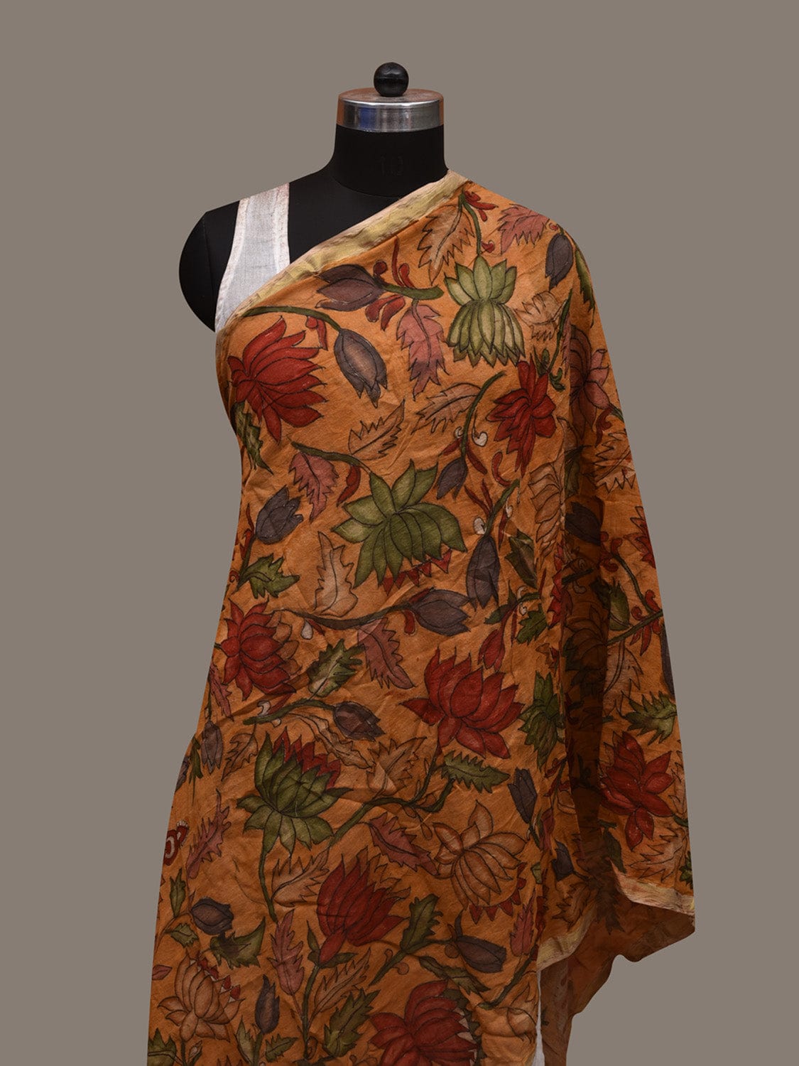 Mustard Kalamkari Hand Painted Cotton Silk Handloom Dupatta with Lotus Flowers and Peacocks Design ds3017