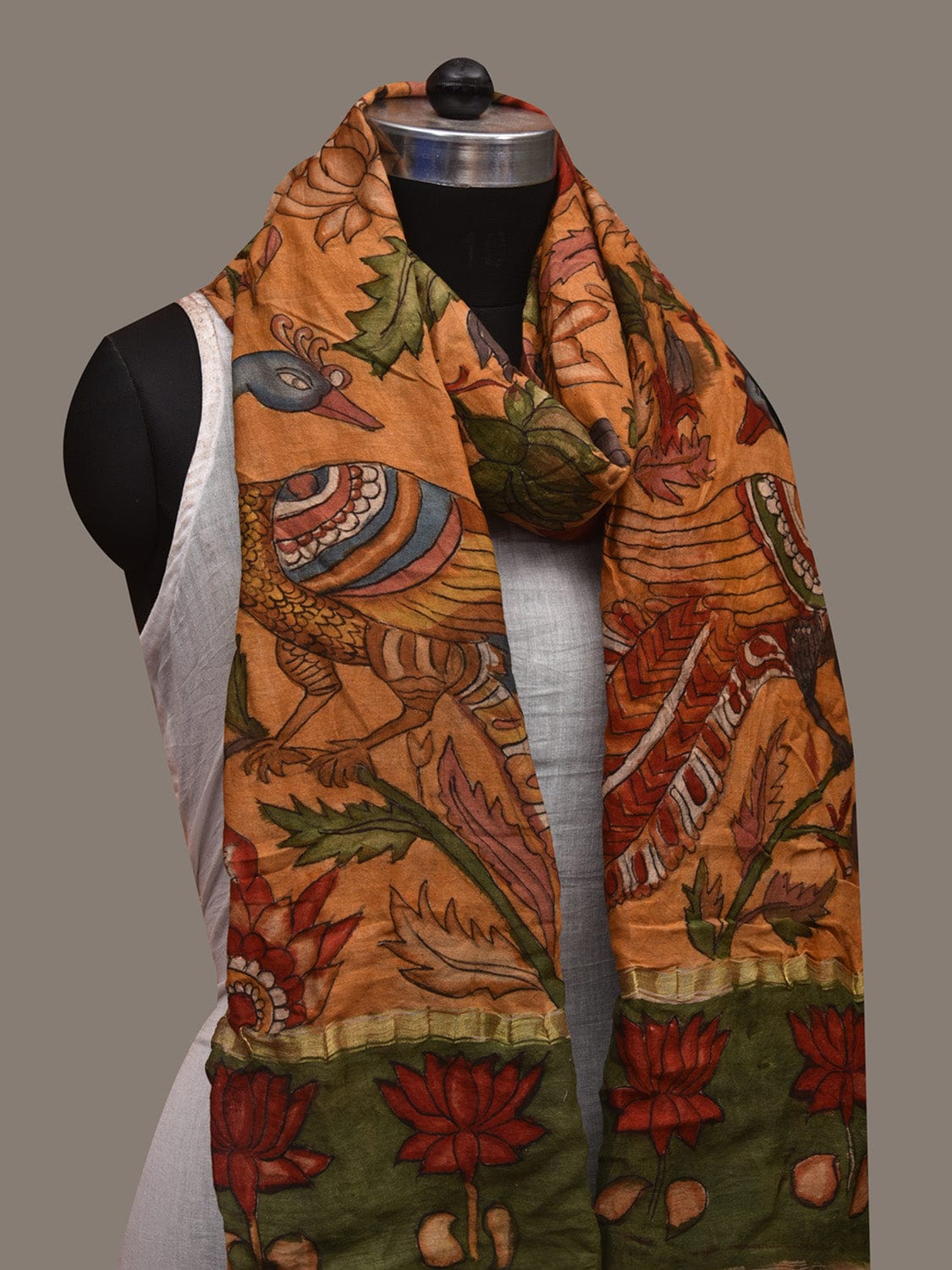 Mustard Kalamkari Hand Painted Cotton Silk Handloom Dupatta with Lotus Flowers and Peacocks Design ds3017