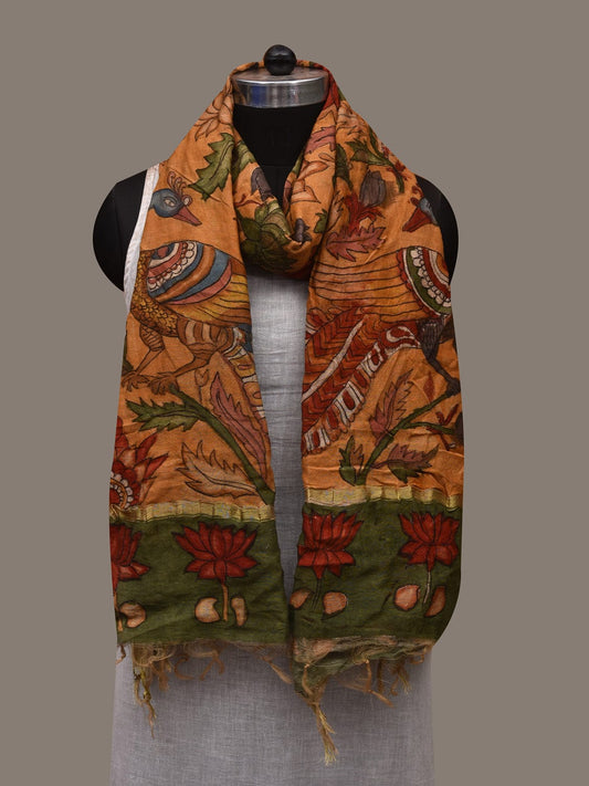 Mustard Kalamkari Hand Painted Cotton Silk Handloom Dupatta with Lotus Flowers and Peacocks Design ds3017