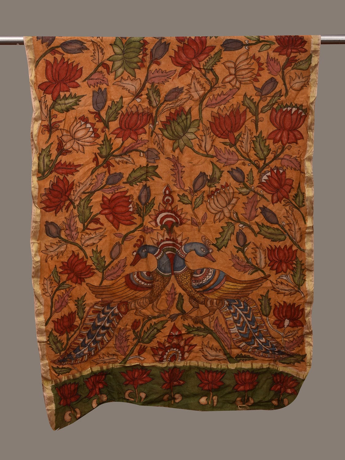 Mustard Kalamkari Hand Painted Cotton Silk Handloom Dupatta with Lotus Flowers and Peacocks Design ds3017