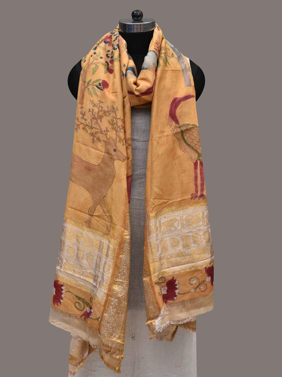 Mustard Kalamkari Hand Painted Kanchipuram Silk Handloom Dupatta with Birds and Deers Design ds2509