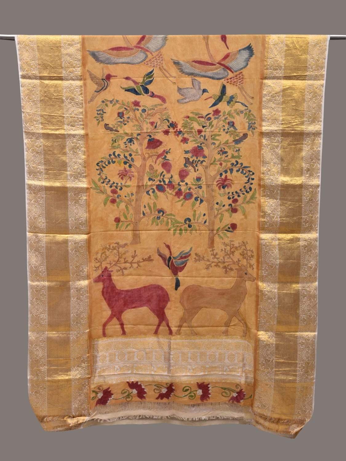 Mustard Kalamkari Hand Painted Kanchipuram Silk Handloom Dupatta with Birds and Deers Design ds2509