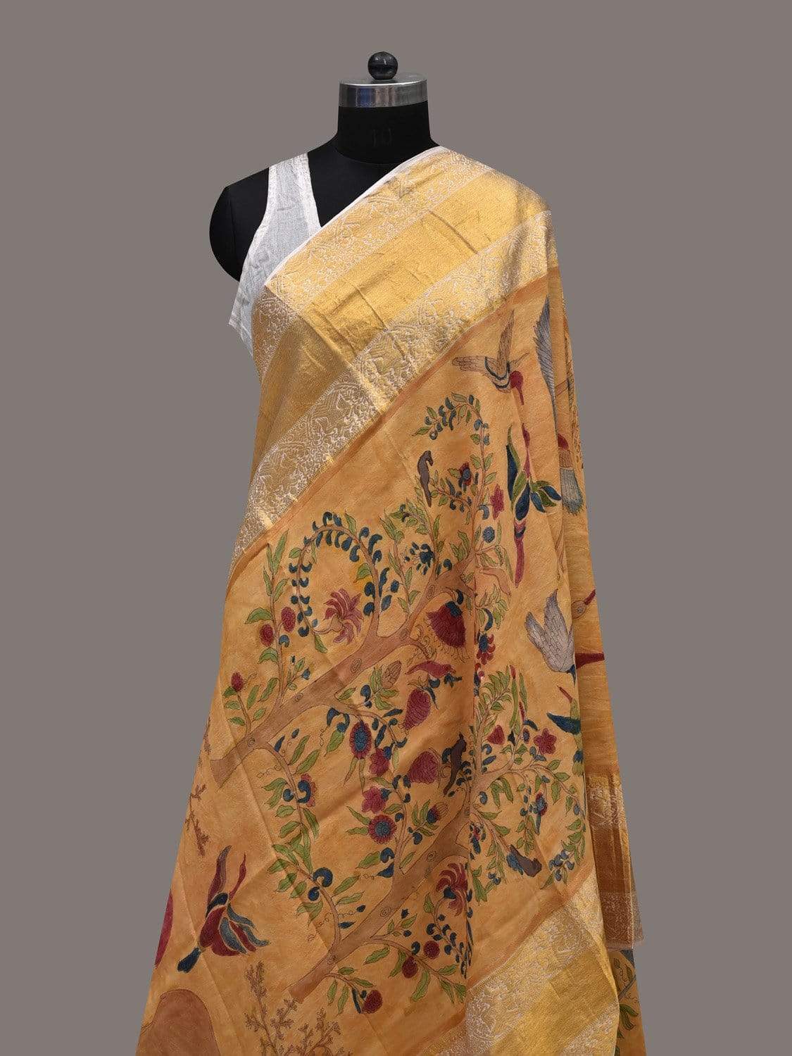Mustard Kalamkari Hand Painted Kanchipuram Silk Handloom Dupatta with Birds and Deers Design ds2509