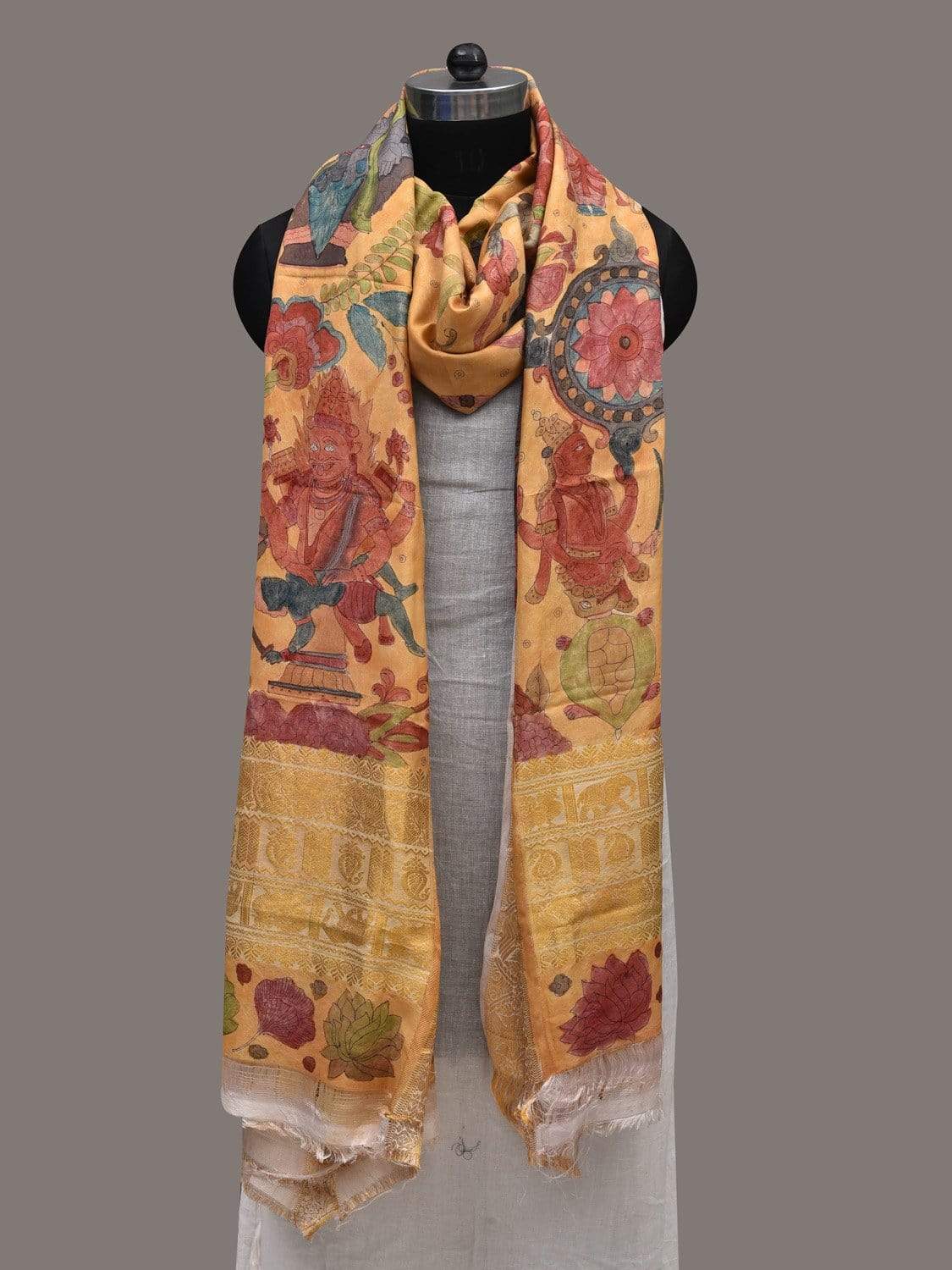 Mustard Kalamkari Hand Painted Kanchipuram Silk Handloom Dupatta with Dashavatar Design ds2511