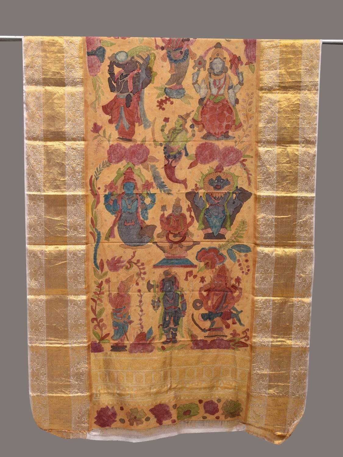 Mustard Kalamkari Hand Painted Kanchipuram Silk Handloom Dupatta with Dashavatar Design ds2511