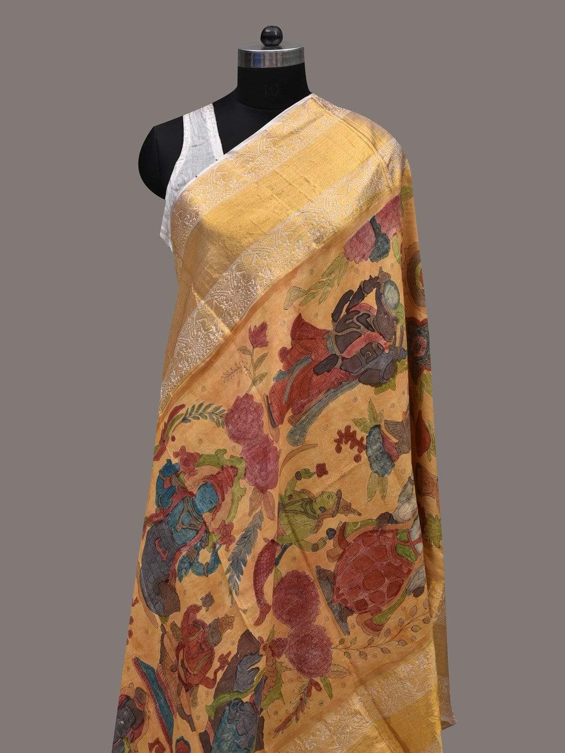 Mustard Kalamkari Hand Painted Kanchipuram Silk Handloom Dupatta with Dashavatar Design ds2511