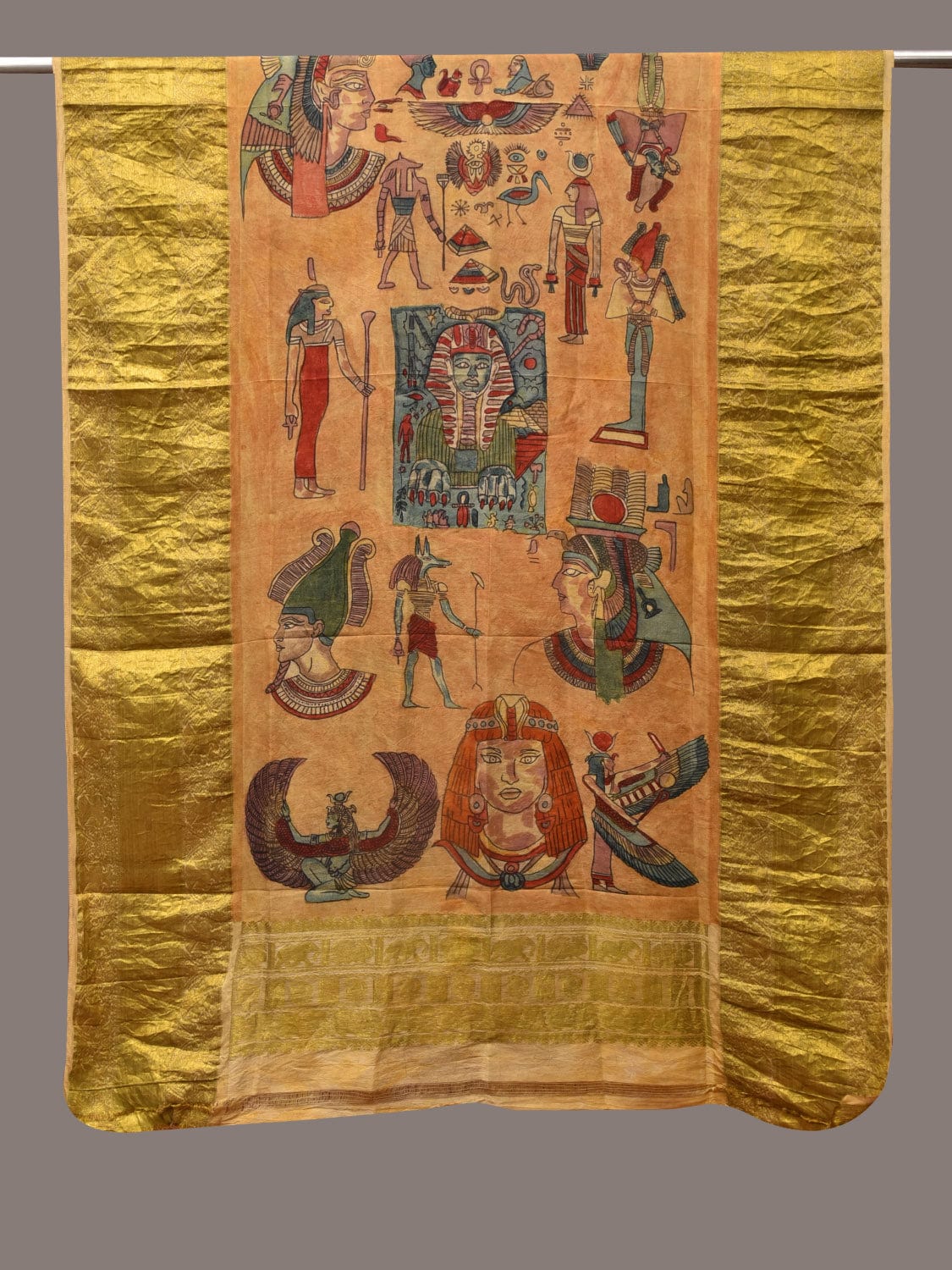 Mustard Kalamkari Hand Painted Kanchipuram Silk Handloom Dupatta with Egyptian Design ds3424