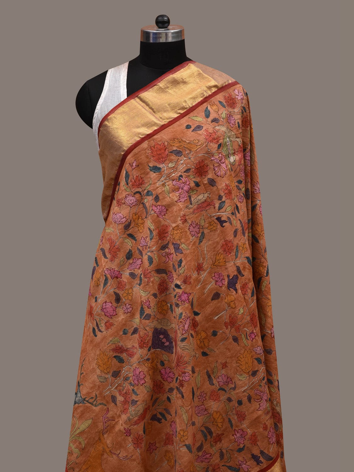 Mustard Kalamkari Hand Painted Kanchipuram Silk Handloom Dupatta with Floral and Deers Design ds2783
