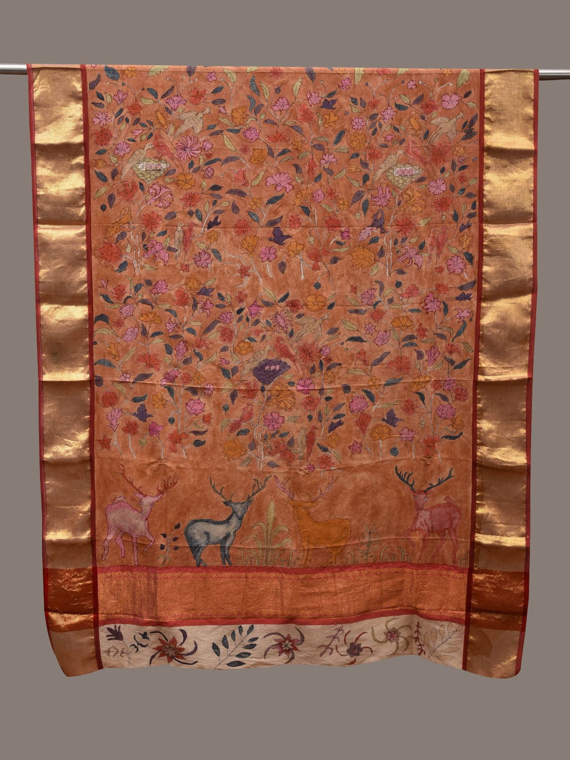 Mustard Kalamkari Hand Painted Kanchipuram Silk Handloom Dupatta with Floral and Deers Design ds2783