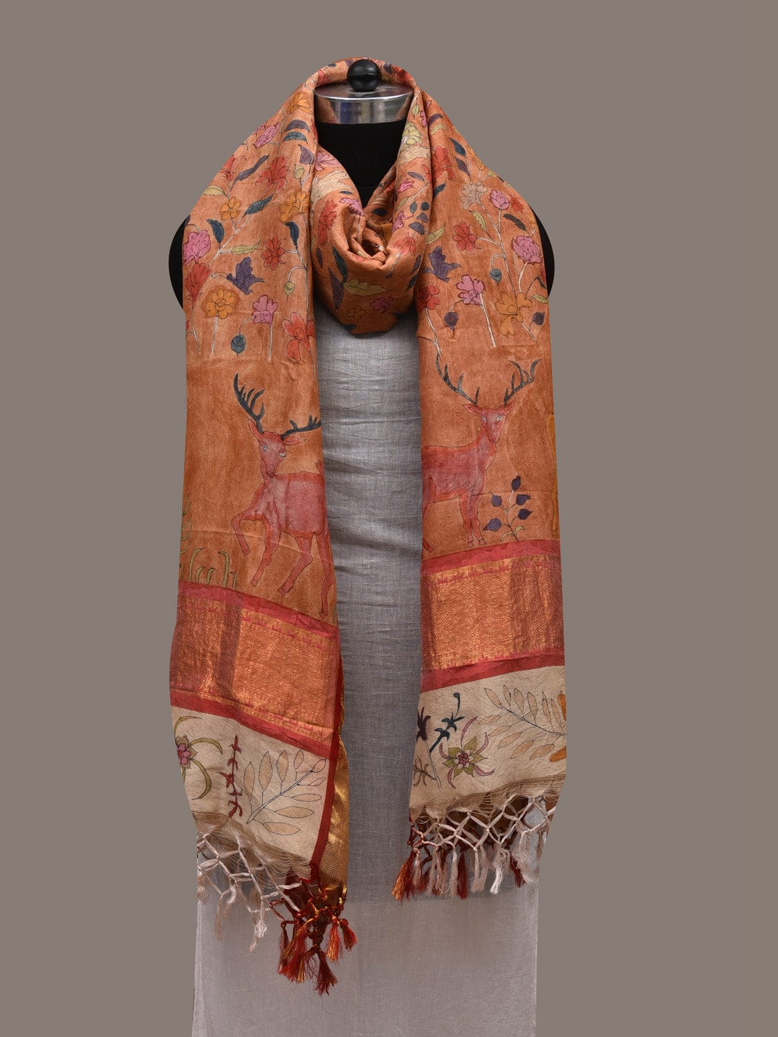 Mustard Kalamkari Hand Painted Kanchipuram Silk Handloom Dupatta with Floral and Deers Design ds2783