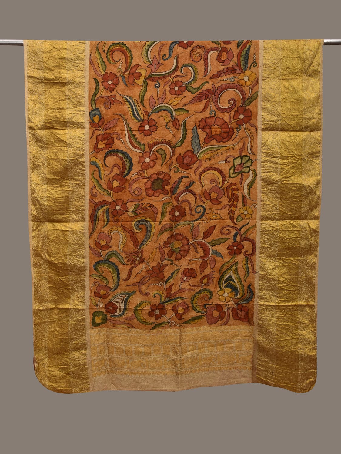 Mustard Kalamkari Hand Painted Kanchipuram Silk Handloom Dupatta with Floral Design ds3091