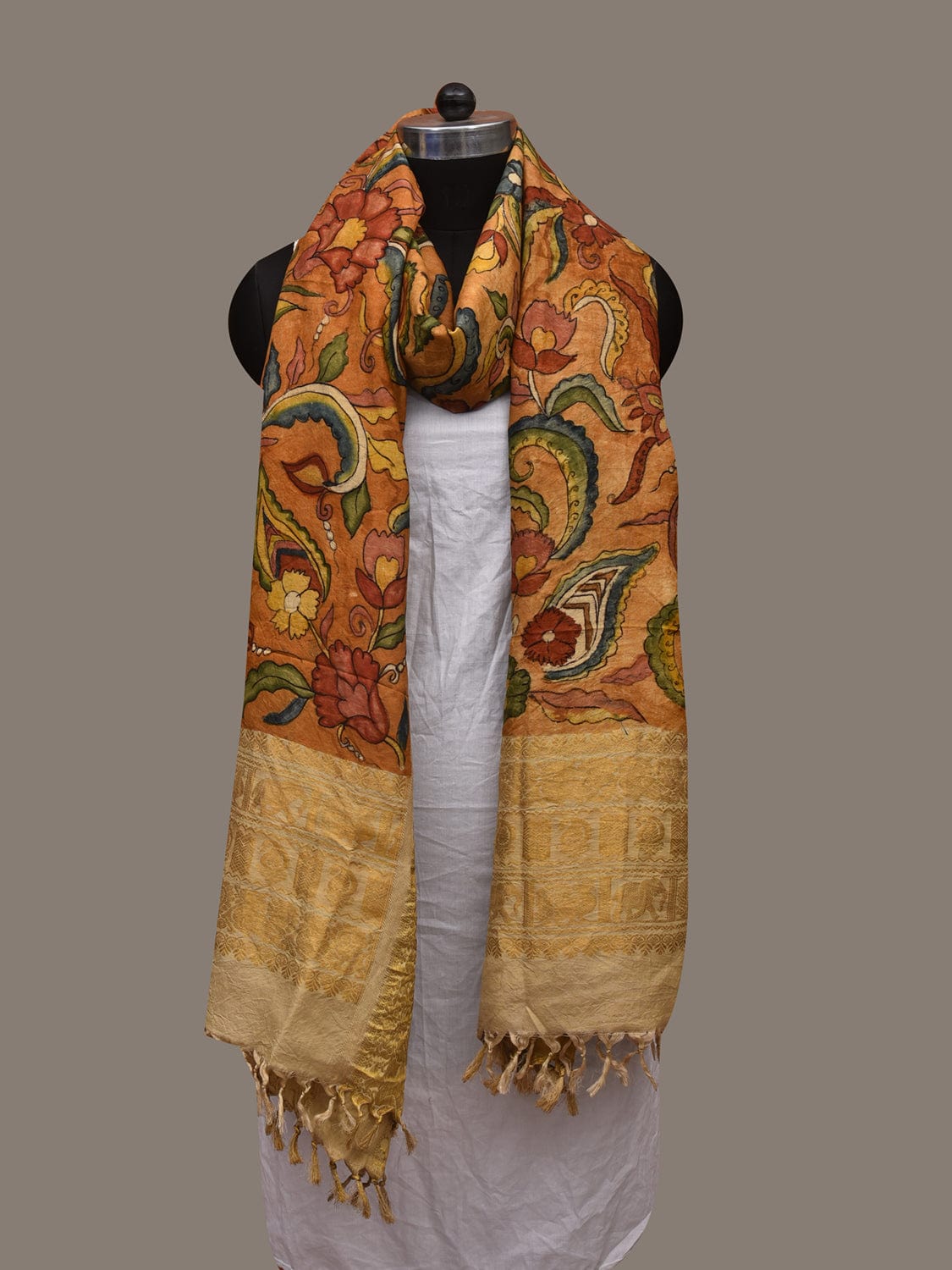 Mustard Kalamkari Hand Painted Kanchipuram Silk Handloom Dupatta with Floral Design ds3091
