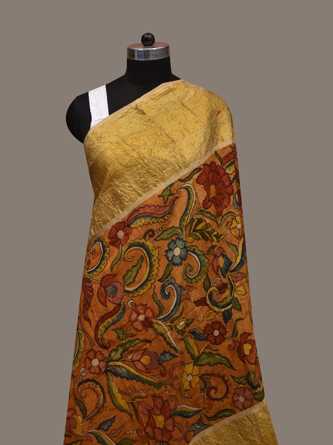 Mustard Kalamkari Hand Painted Kanchipuram Silk Handloom Dupatta with Floral Design ds3091