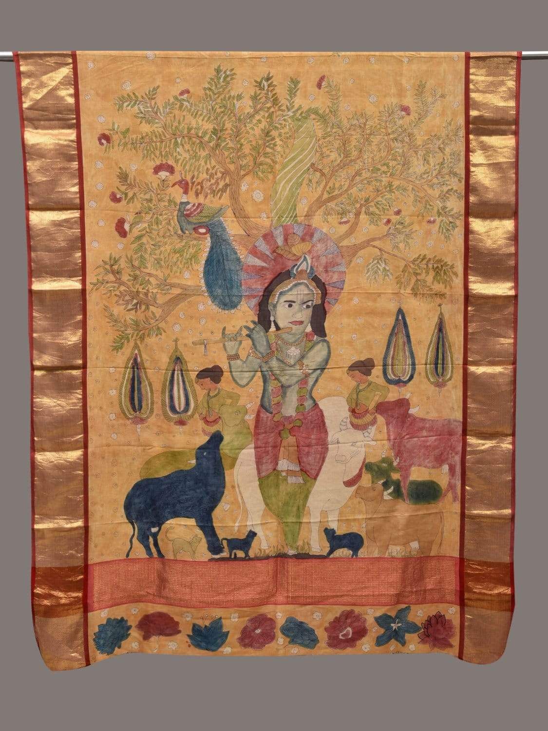 Mustard Kalamkari Hand Painted Kanchipuram Silk Handloom Dupatta with Krishna Design ds2513