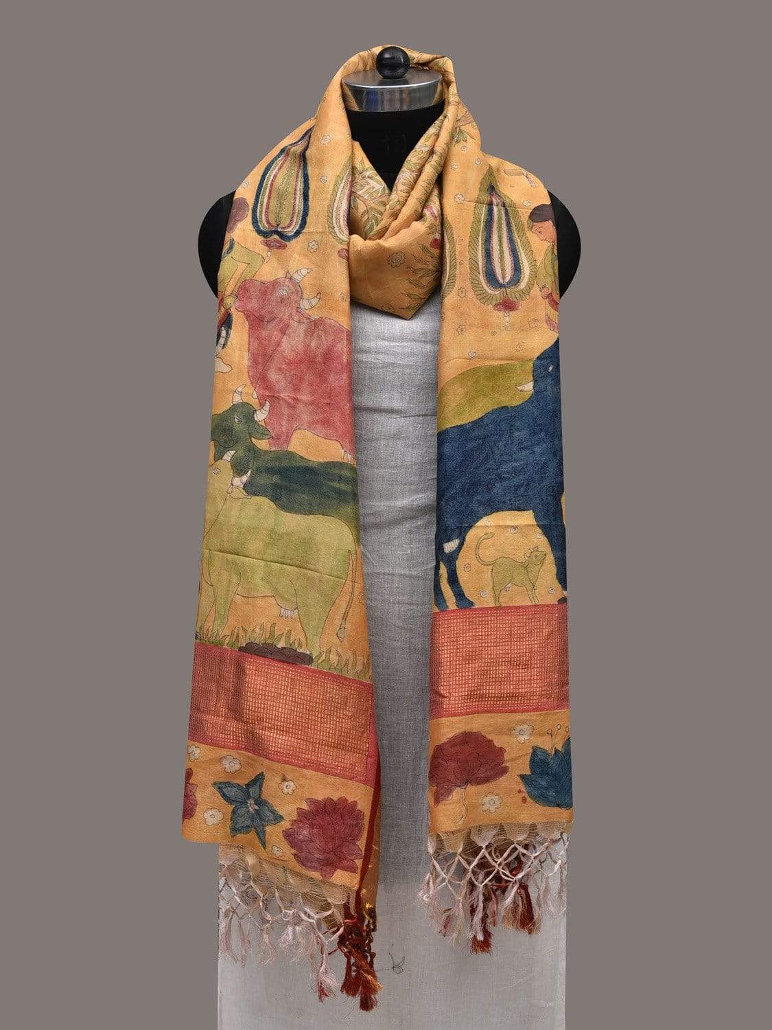 Mustard Kalamkari Hand Painted Kanchipuram Silk Handloom Dupatta with Krishna Design ds2513