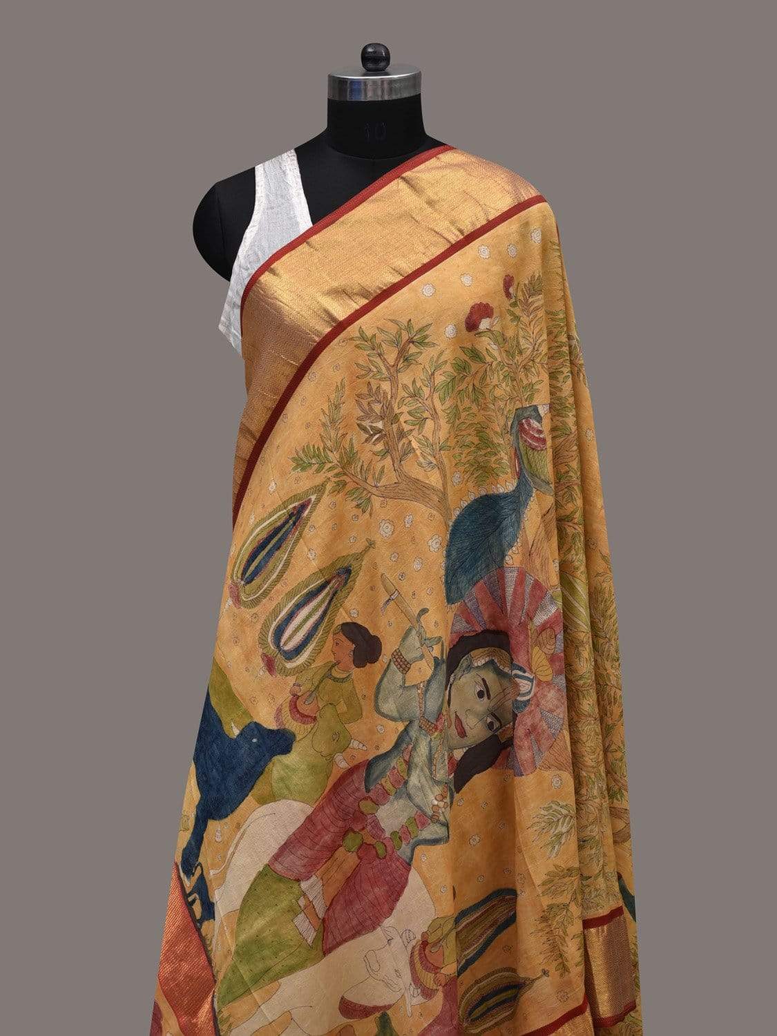 Mustard Kalamkari Hand Painted Kanchipuram Silk Handloom Dupatta with Krishna Design ds2513