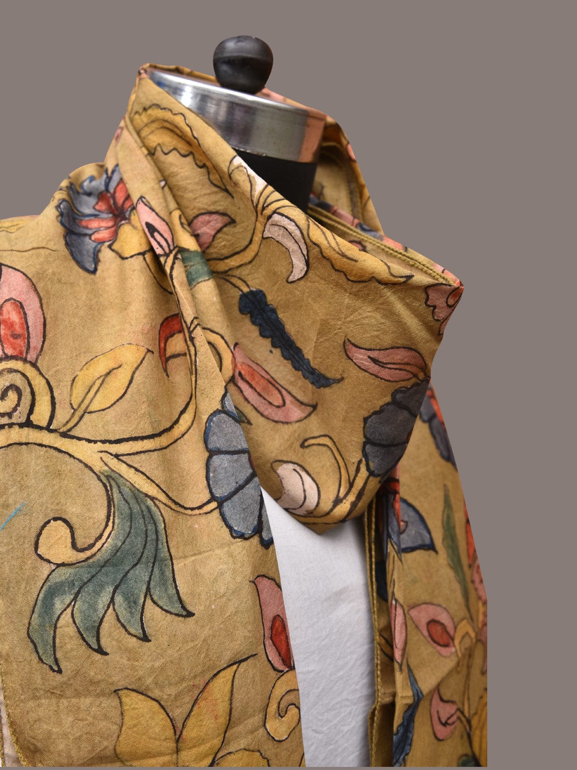 Mustard Kalamkari Hand Painted Sico Stole with Floral and Birds Design ds3383