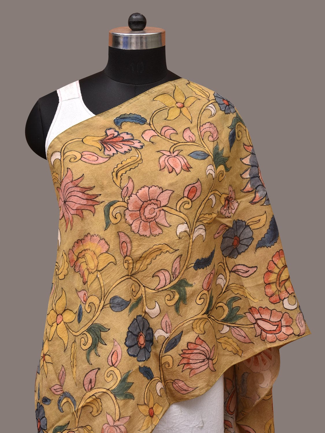 Mustard Kalamkari Hand Painted Sico Stole with Floral and Birds Design ds3383