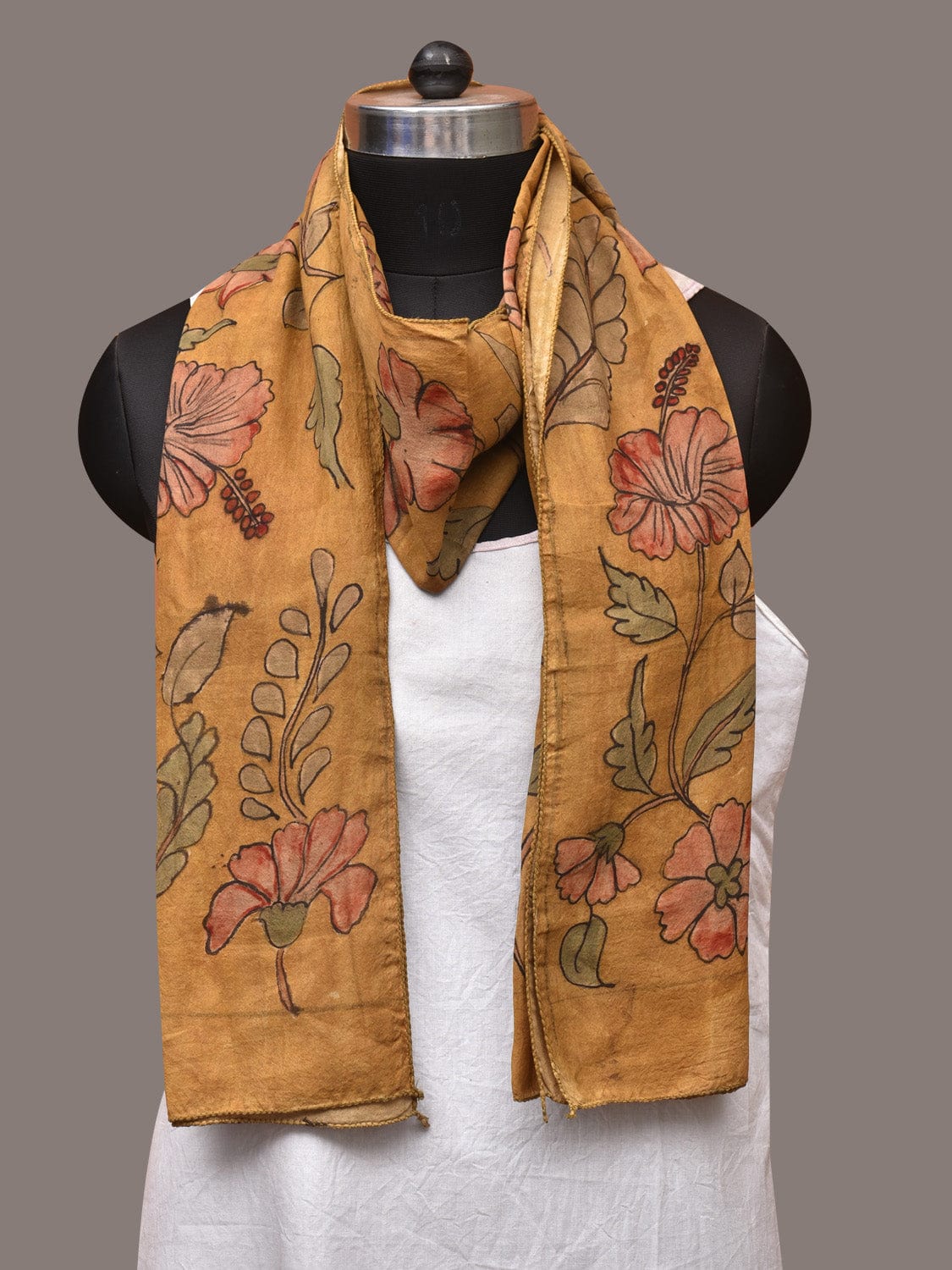 Mustard Kalamkari Hand Painted Sico Stole with Floral Design ds3415